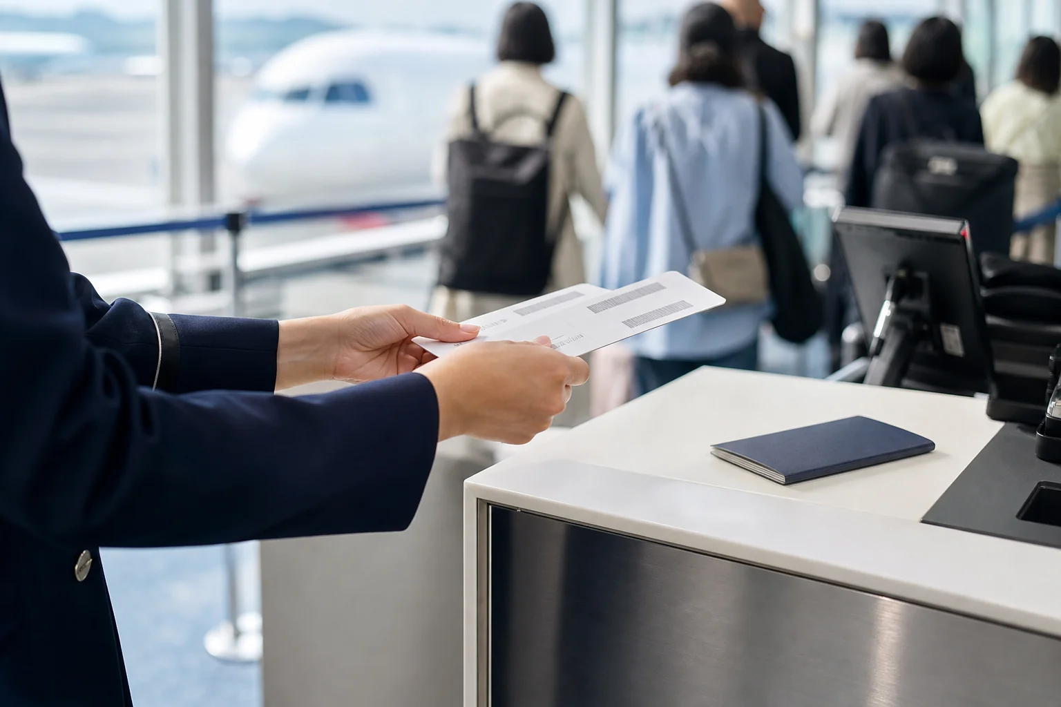 国際線のチェックインカウンターで、アジアへ向かう便の旅客に乗り継ぎの案内をする場面を表した写真
