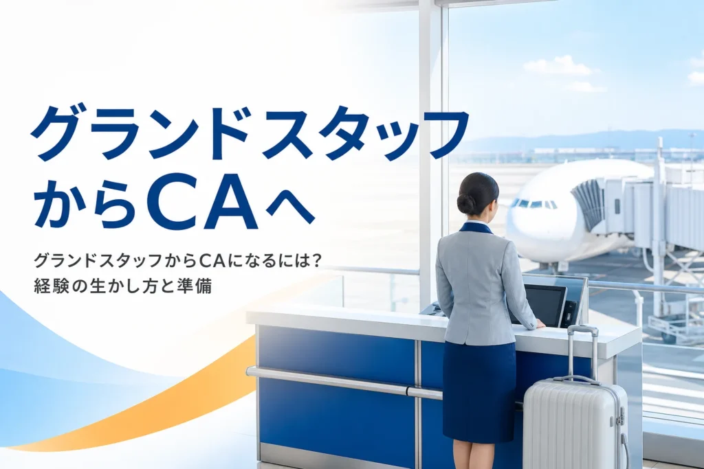 グランドスタッフからCA（客室乗務員）を目指す方法と、経験の生かし方を紹介する記事のアイキャッチ