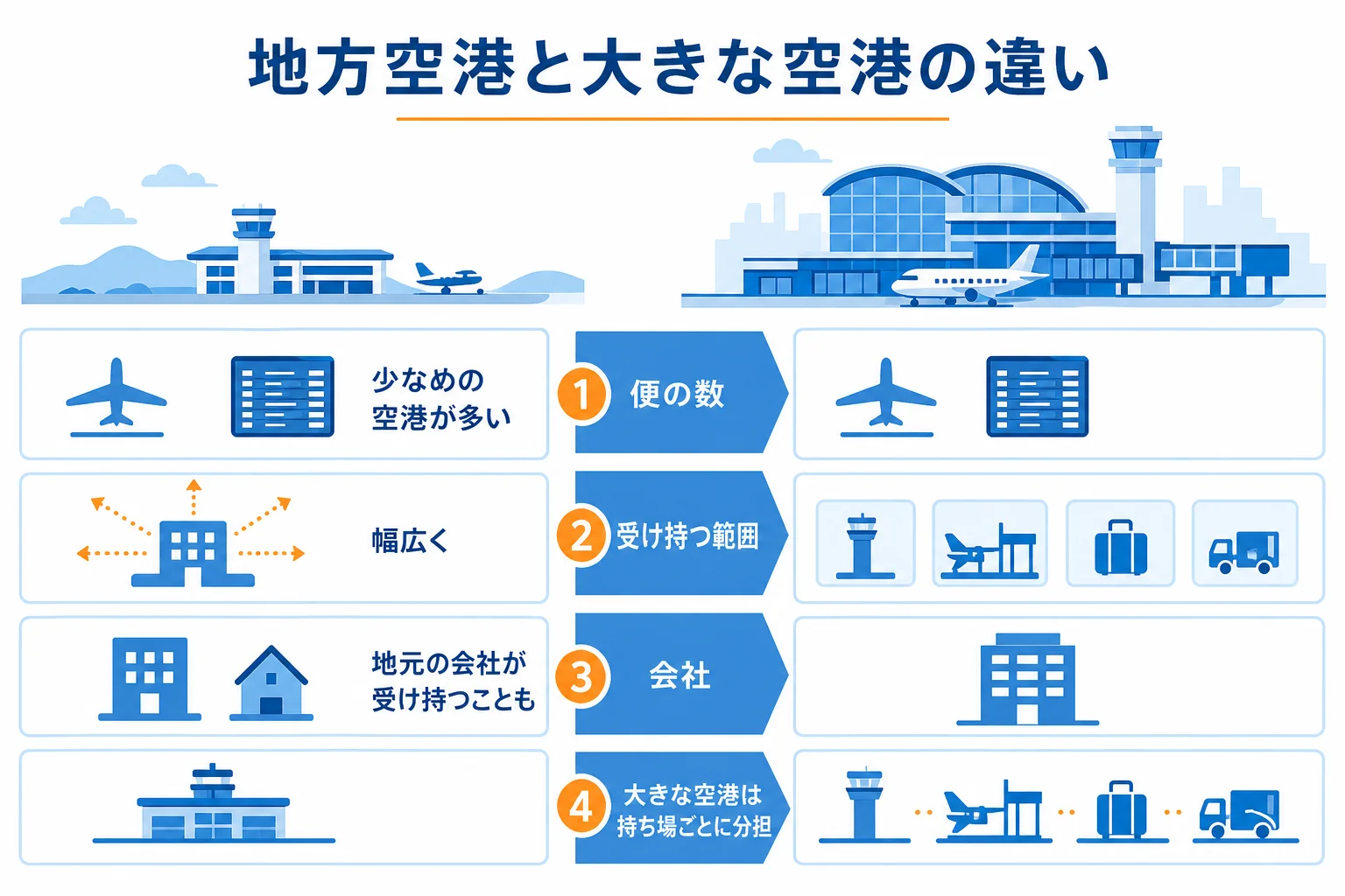 地方空港と大きな空港のグランドスタッフの違いを、便の数・1人が受け持つ範囲・ハンドリング会社のかたちで比べた図解