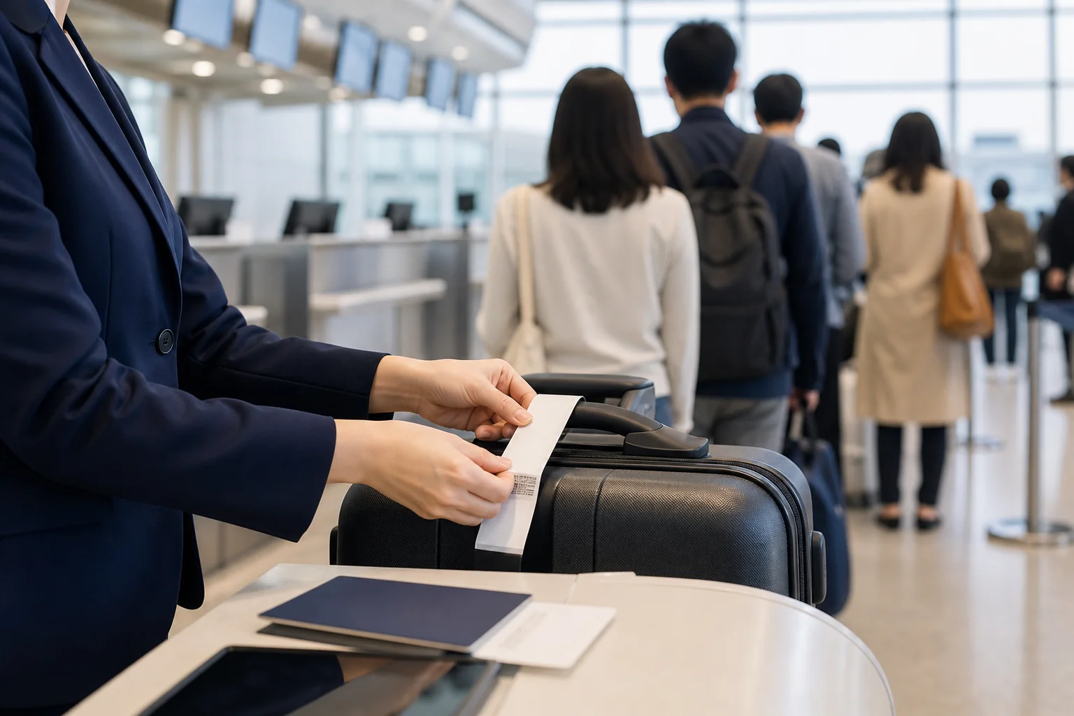 国際線のチェックインカウンターで、中東で乗り継ぐ旅客に英語で手荷物の預け先を説明する場面を表した写真