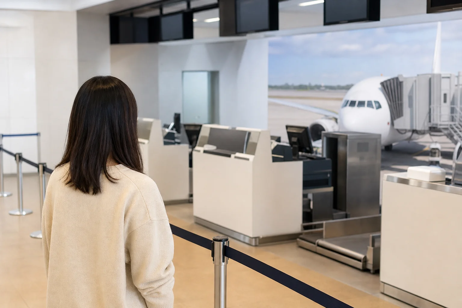 学校のオープンキャンパスで、空港のカウンターを模した実習設備を見学している人の後ろ姿の写真