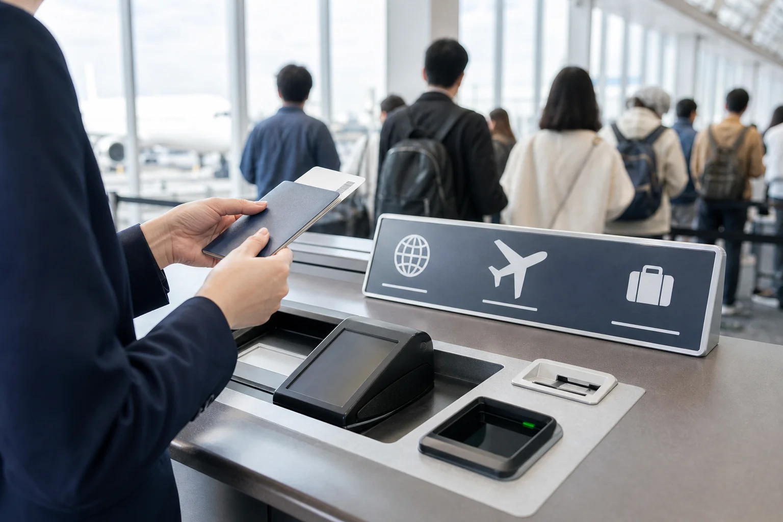 国際線のチェックインカウンターで、外国の航空会社の便の手続きをする様子を表した写真。英語でのやり取りや渡航書類の確認が多いことを示す