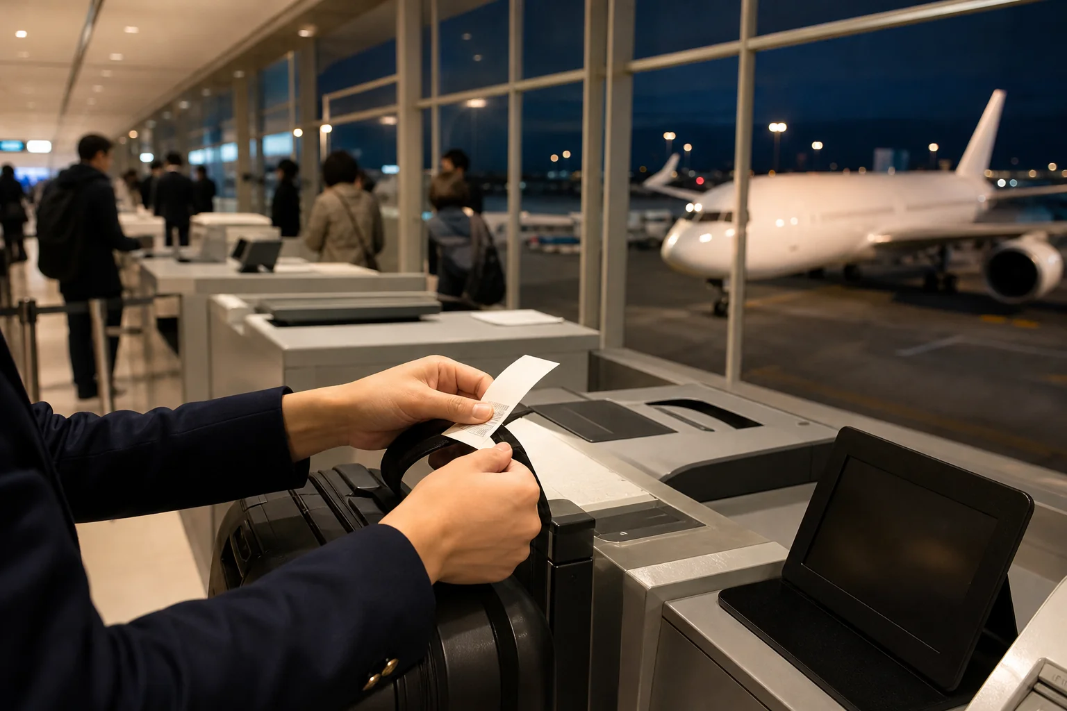 早朝から深夜まで便が発着する羽田空港の出発ロビーで、チェックインカウンターに旅客が並ぶ様子を示した写真