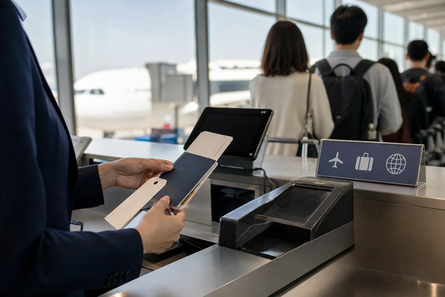 国際線のチェックインカウンターで、韓国へ向かう便の旅客に乗り継ぎや手荷物の預け先を案内する場面を表した写真
