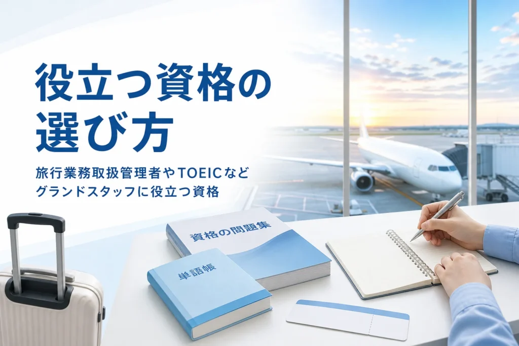 旅行業務取扱管理者やTOEICなど、グランドスタッフに役立つ資格を解説する記事のアイキャッチ