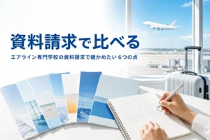 エアライン系の専門学校・大学の資料を並べて、6つの点で比べる方法を解説する記事のアイキャッチ